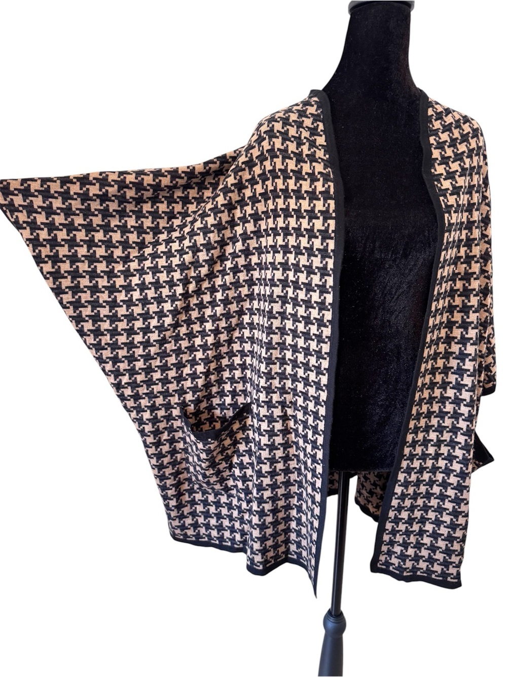 Pendleton Houndstooth Merino Wool Open Cardigan Pockets Black & Beige One Size